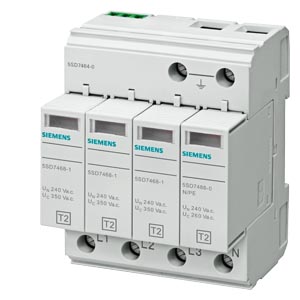 Siemens 5SD74, Surge protection device, Type 2, UC 350V, Pluggable modules, 4 pole, 3+1 circuit for TN-S and TT systems